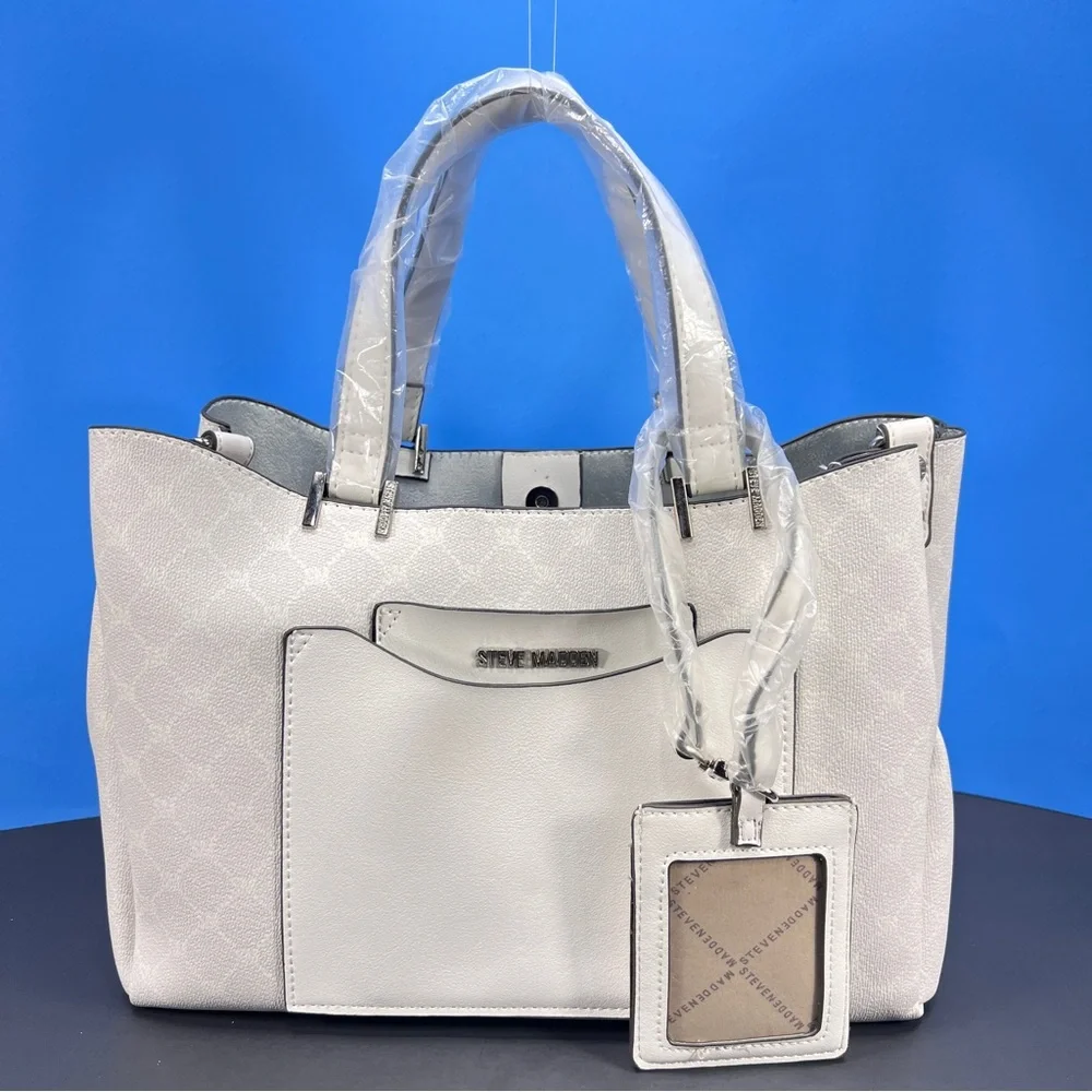 Steve Madden White Logo-Print Handbag set! bag, pouch, scarf, crossbody strap - Picture 2 of 9